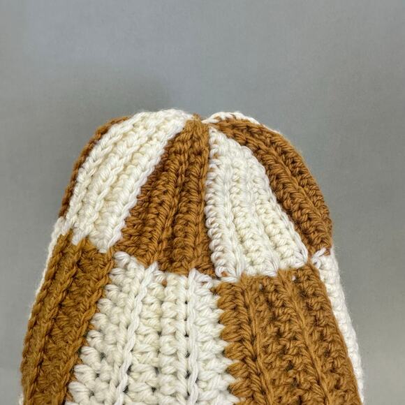 Handmade knit colorblock ivory and golden mustard checkered  stocking hat beanie main image 7